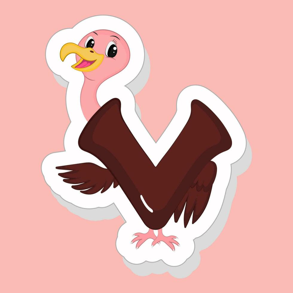 autocollant style v alphabet dessin animé animal vautour sur rose Contexte. vecteur