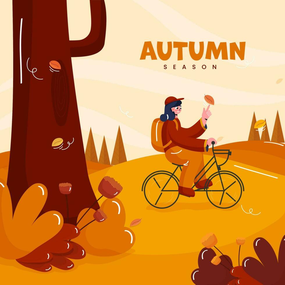l'automne saison Contexte avec Jeune fille équitation sur vélo illustration. vecteur