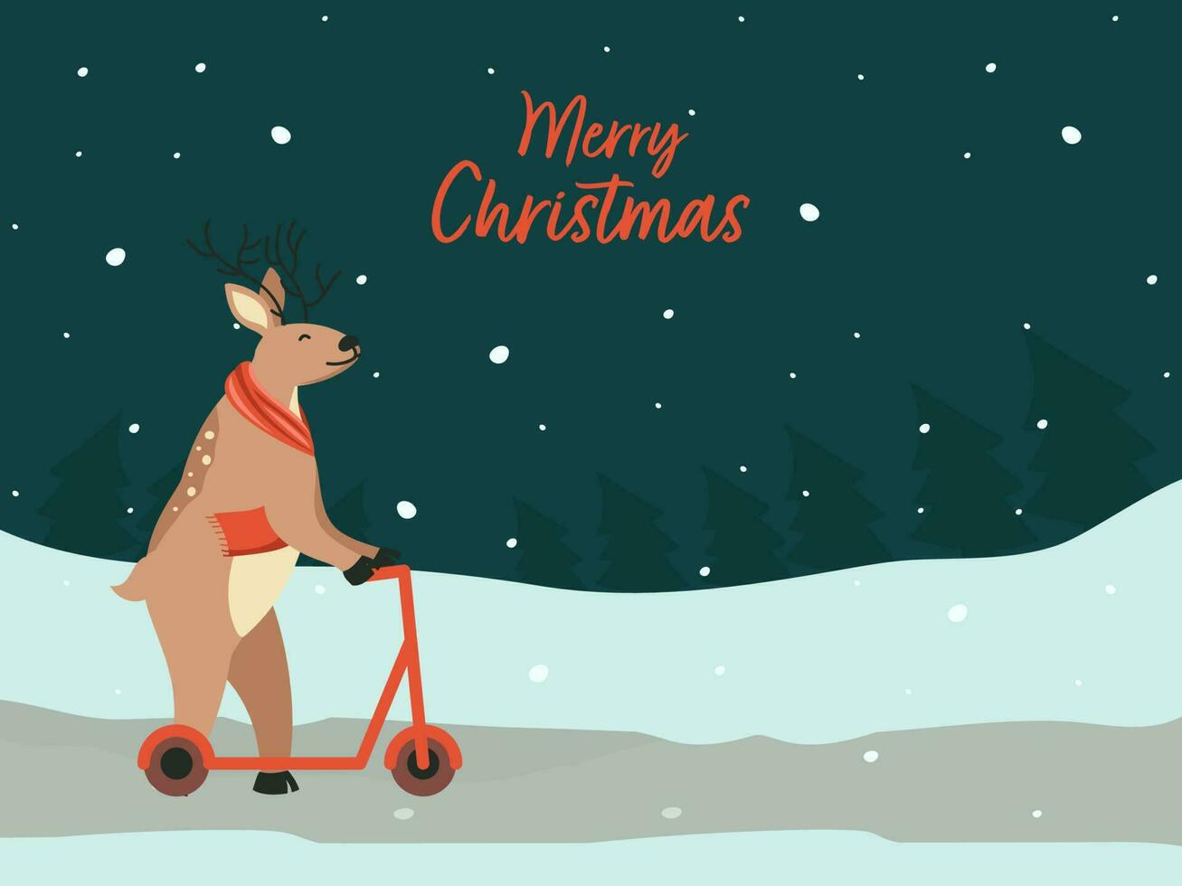 joyeux Noël fête concept avec dessin animé renne équitation donner un coup scooter sur sarcelle vert chute de neige Contexte. vecteur