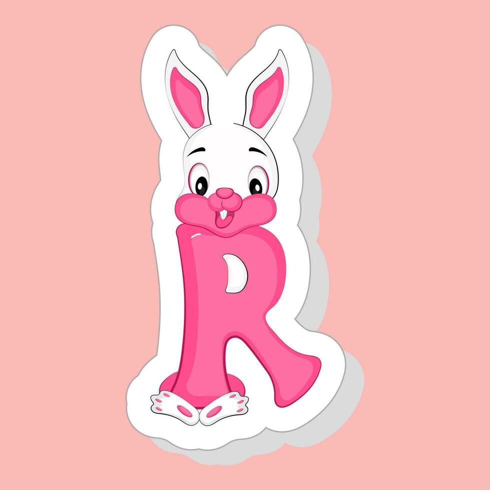 autocollant style r alphabet animal dessin animé lapin sur rose Contexte. vecteur