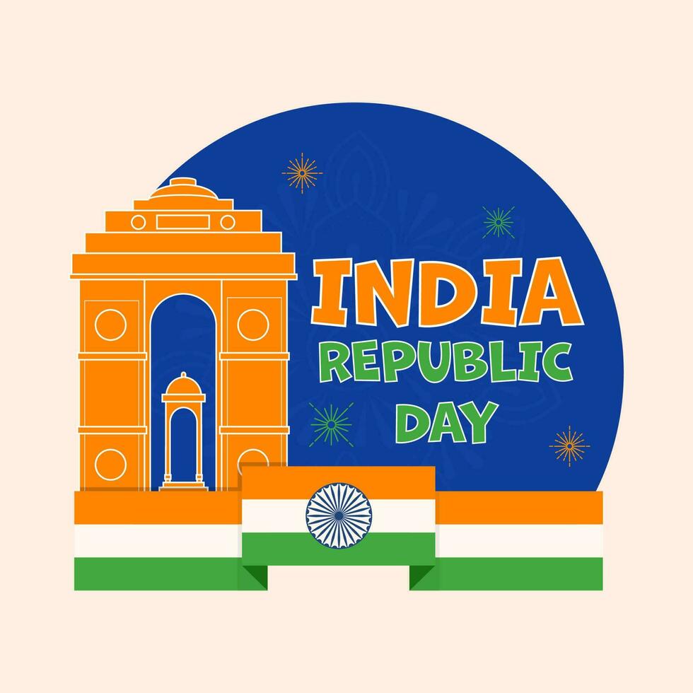 Inde république journée Police de caractère avec canopée derrière Inde portail, nationale drapeau ruban sur bleu et pastel rose Contexte. vecteur