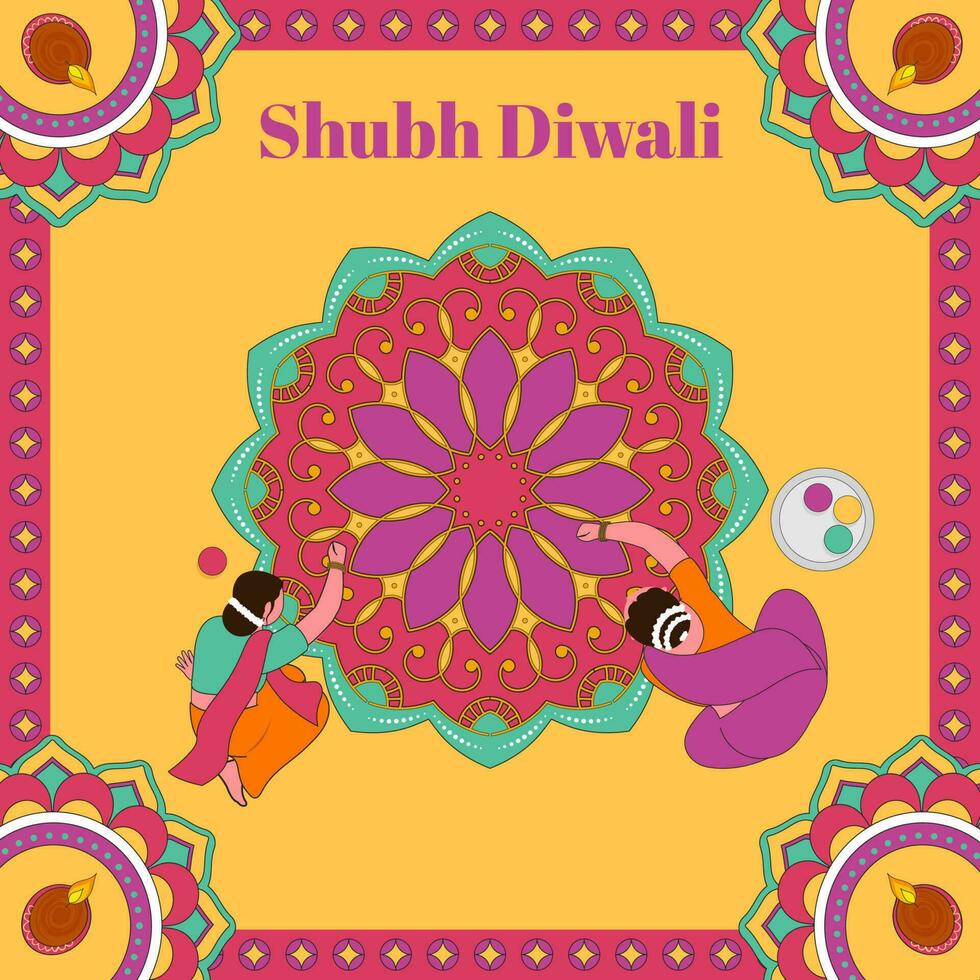 shubh diwali salutation carte avec Indien femmes fabrication rangoli et allumé pétrole les lampes mandala sur chrome Jaune et rose Contexte. vecteur
