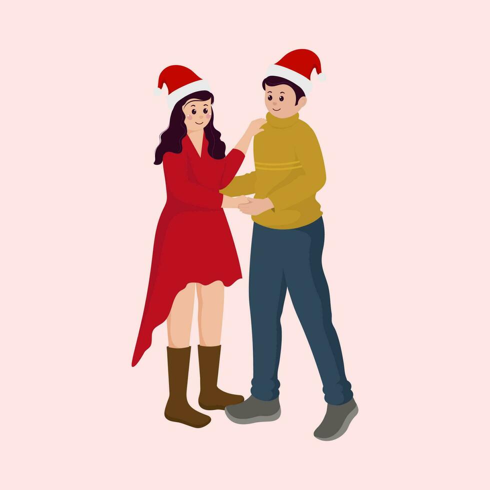 Jeune couple performant Danse avec porter Père Noël casquette sur rose Contexte. vecteur