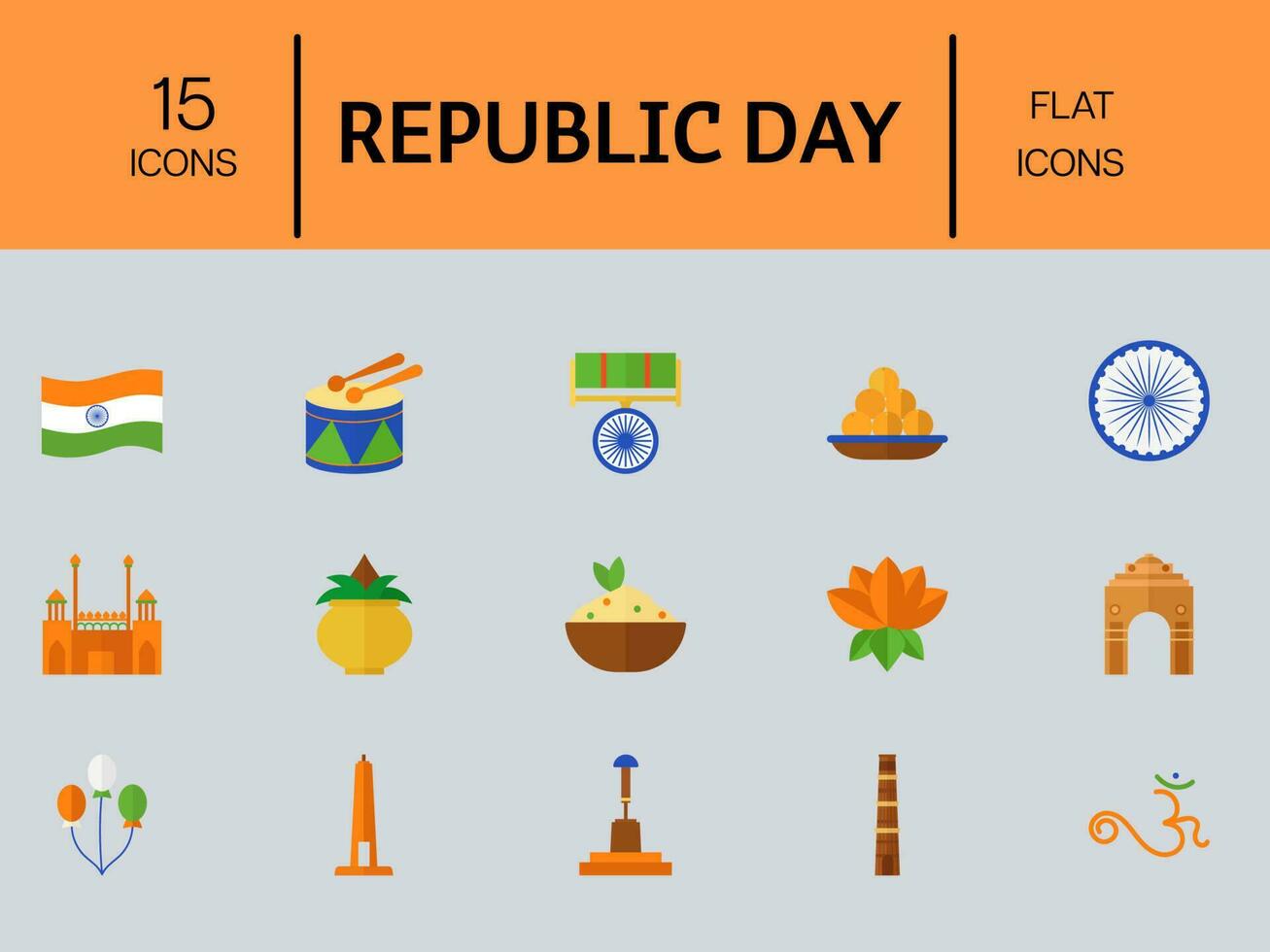 illustration de république journée -15 Icônes ensemble contre gris et Orange Contexte. vecteur