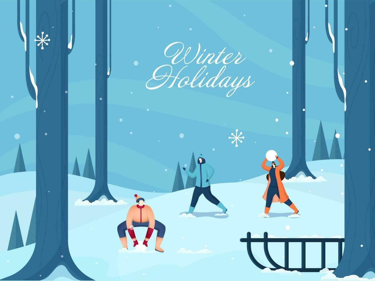 hiver vacances affiche conception avec dessin animé gens en portant boules de neige contre bleu neige la nature vue Contexte. vecteur