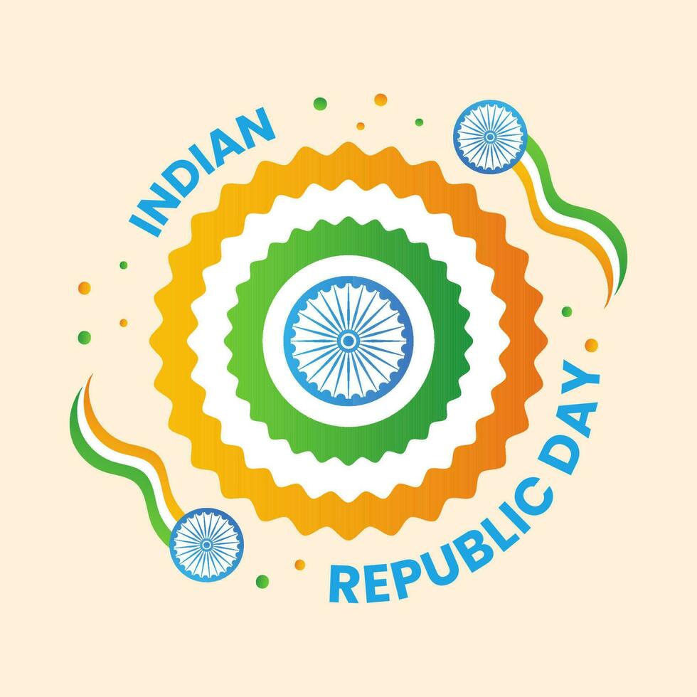 Indien république journée fête concept avec drapeau fleur, ashoka roue et ondulé ruban plus de pêche Contexte. vecteur