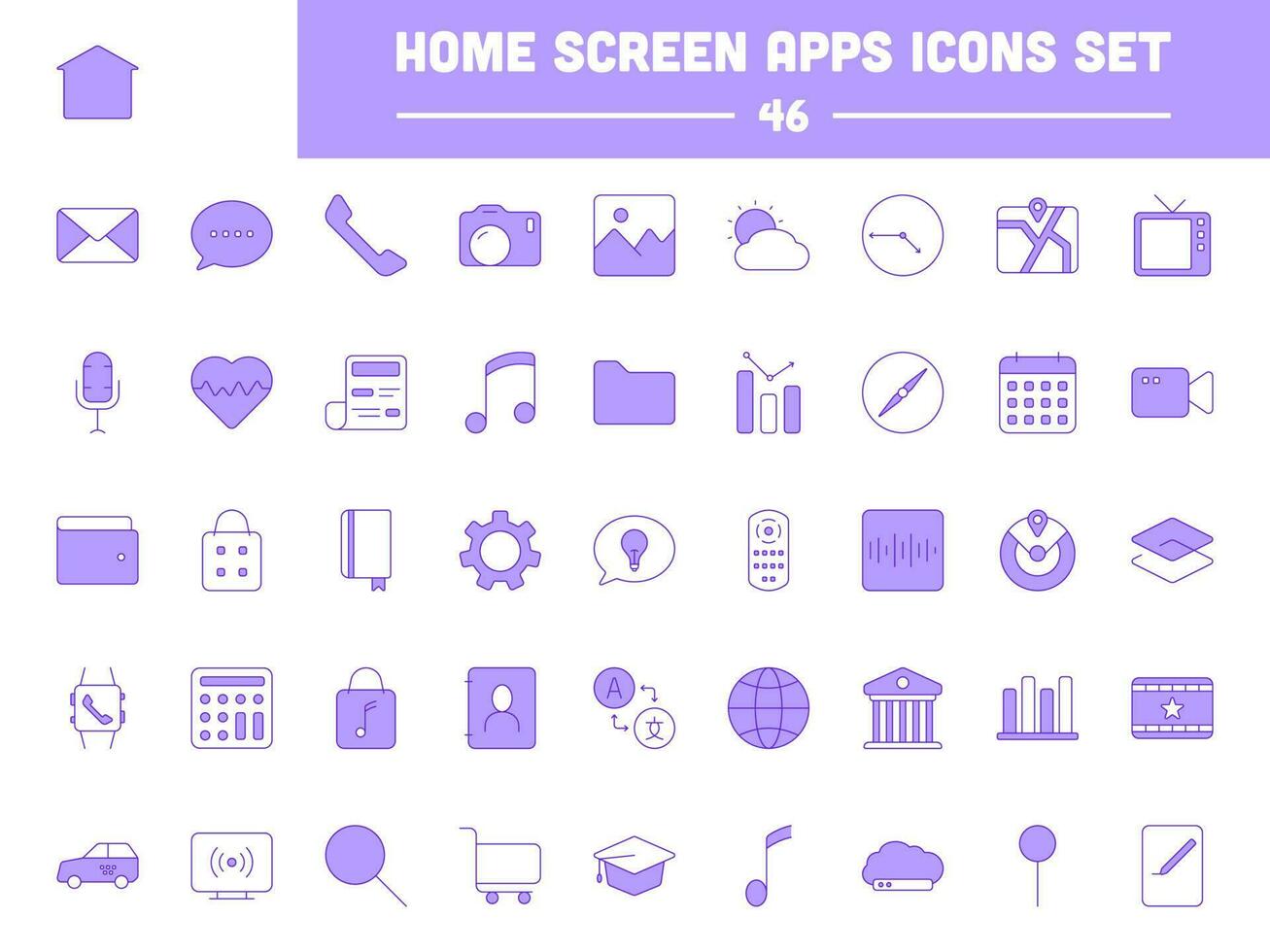 46 Accueil écran app icône ou symbole ensemble dans violet et blanc couleur. vecteur