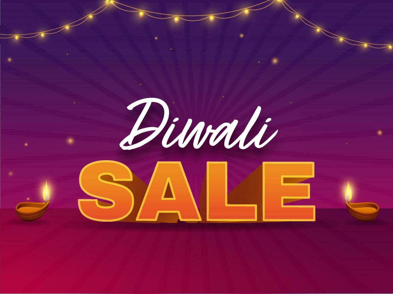 diwali vente affiche conception avec illuminé pétrole les lampes, éclairage guirlande décoré sur violet et rose des rayons Contexte. vecteur