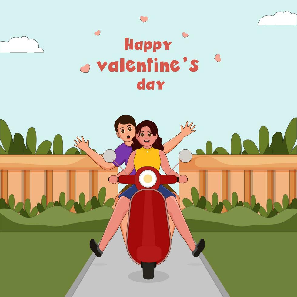 moderne Jeune fille ayant amusement sur scooty avec sa copain sur le route parmi la nature Contexte pour la Saint-Valentin journée concept. vecteur