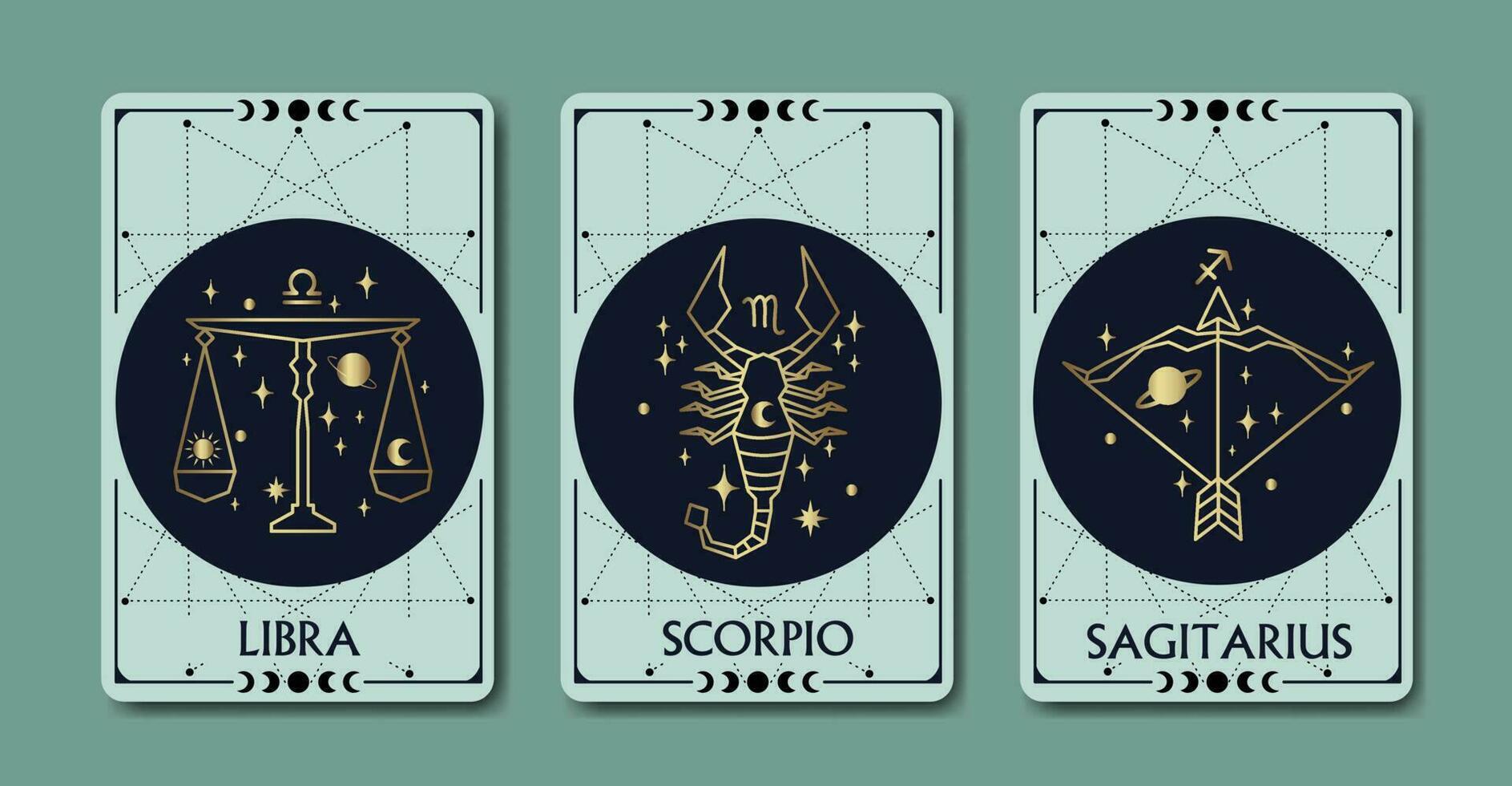 Balance, Scorpion, et Sagittaire zodiaque symboles linéaire Facile style entouré par lune phase sur lumière vert arrière-plan, luxe, ésotérique, et boho modes. en forme pour paranormal, tarot lecteurs vecteur