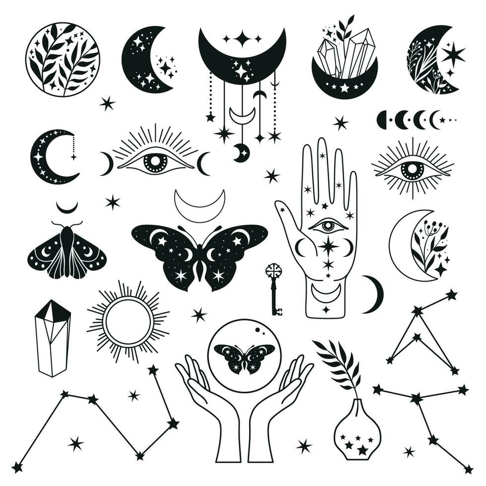 mystique lune ensemble Icônes phases et femme mains et papillon, alchimie ésotérique la magie espace, vecteur noir isolé sur blanc Contexte