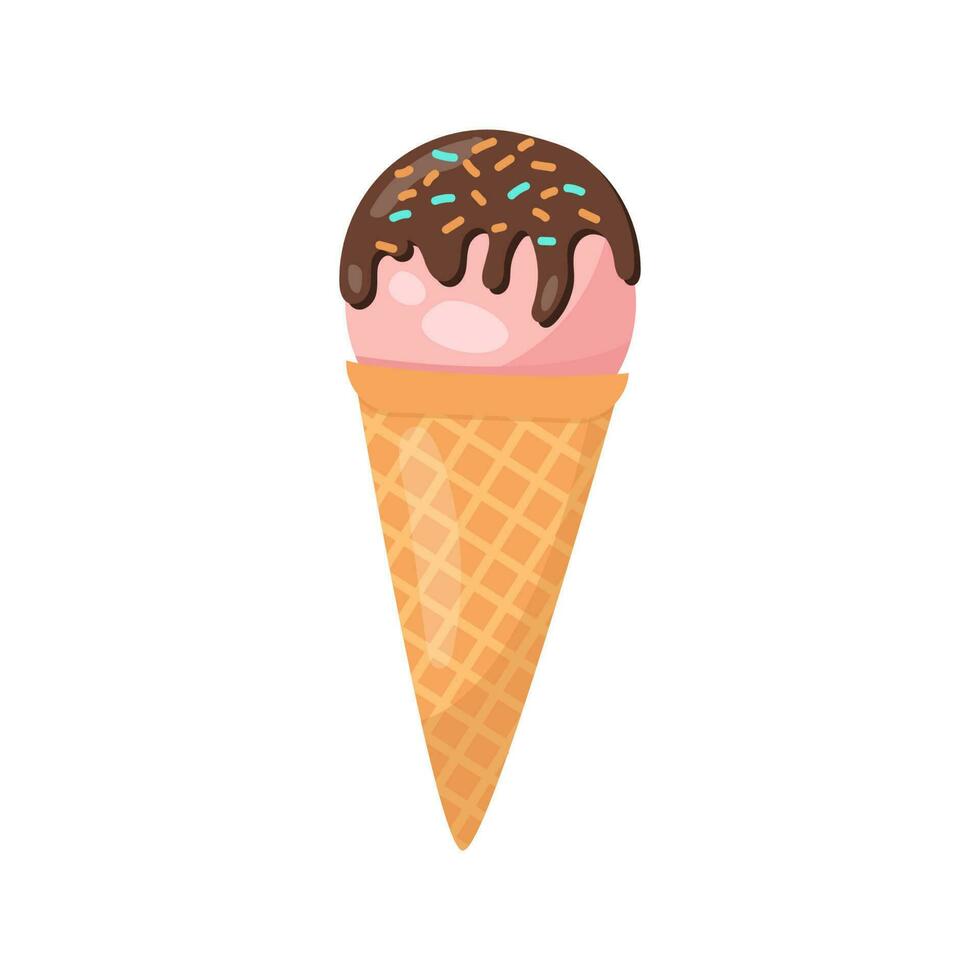 la glace crème avec Chocolat dans une gaufre cône sur une blanc Contexte. vecteur illustration. affiche ou bannière pour site Internet. sucré conception éléments, isolé sur blanc Contexte.