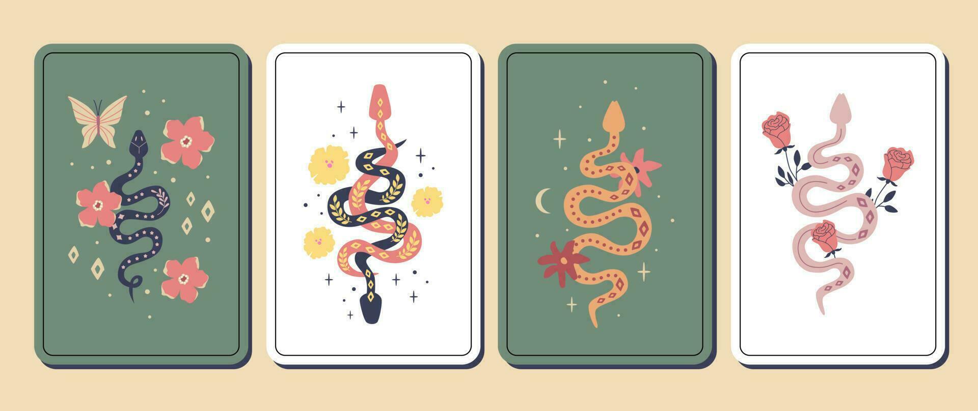 magnifique serpents avec fleurs. la magie sorcière tarot cartes. insectes, céleste symboles. mystique ésotérique symboles. Halloween. vecteur