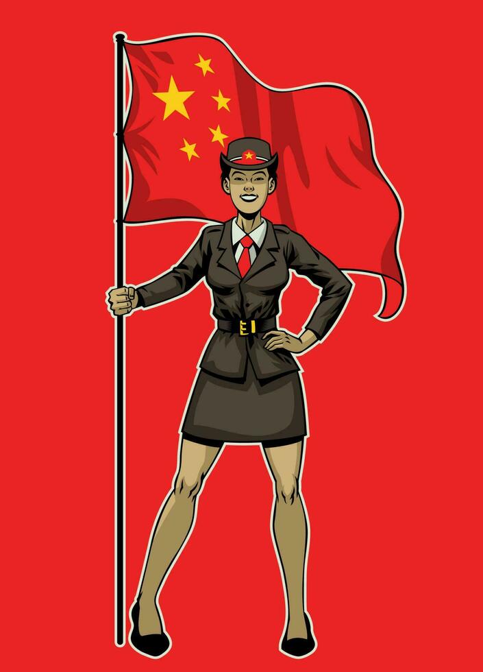 Chine femmes aire permanent et tenir le drapeau vecteur