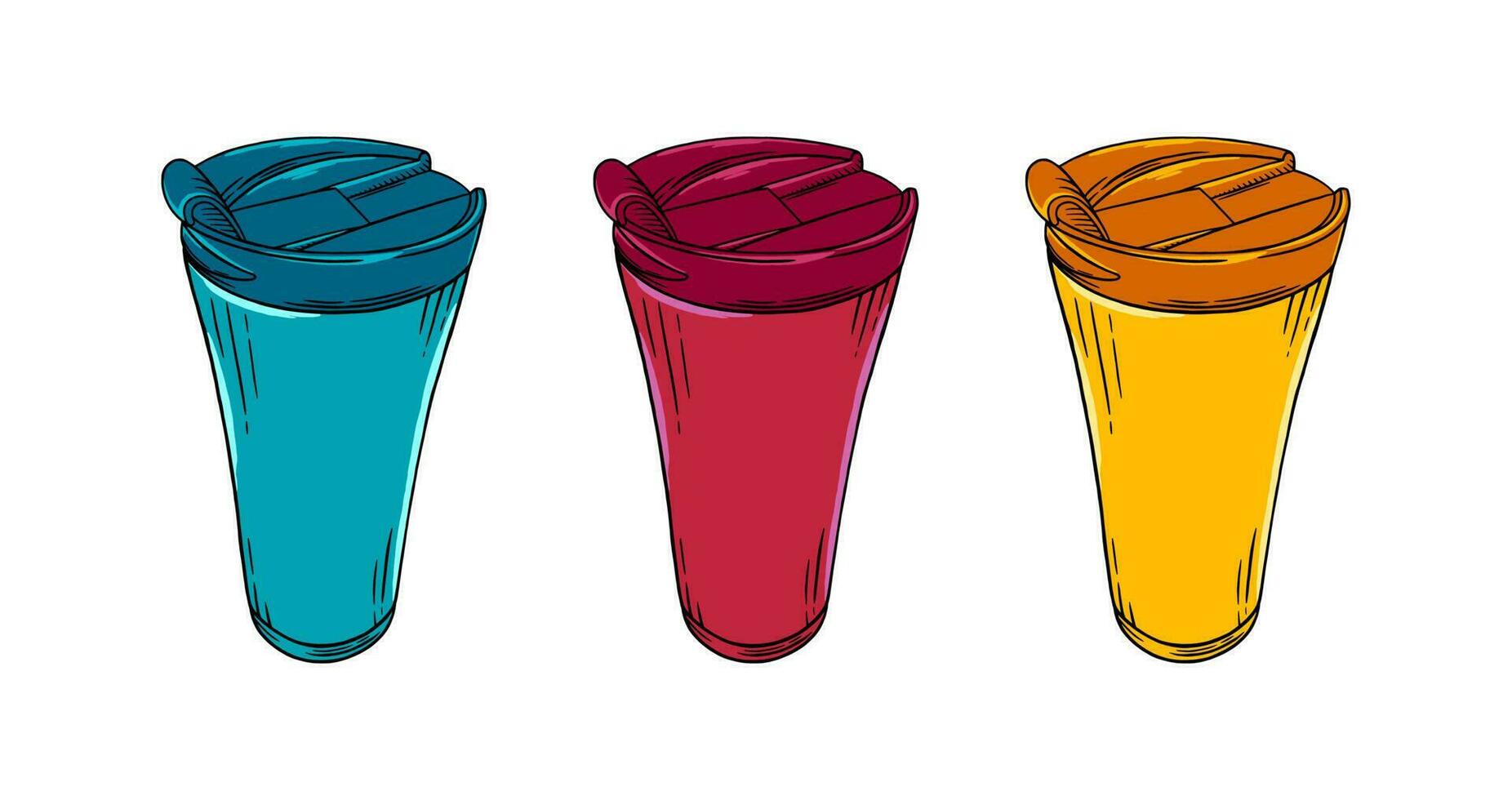 réutilisable café tasses. brillant coloré éco tasses pour café à aller isolé dans blanc Contexte. vecteur illustration