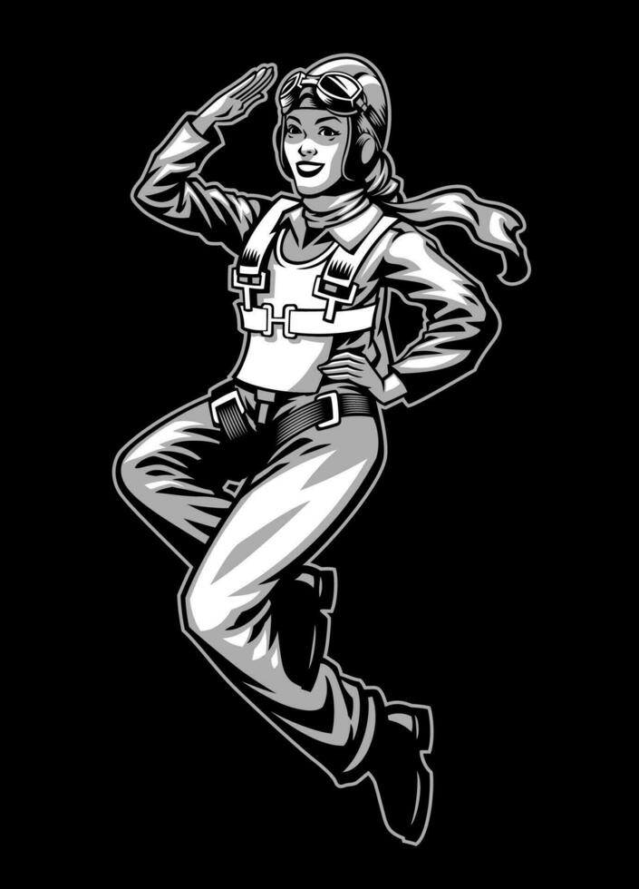 monochrome style illustration de femmes pilote vecteur