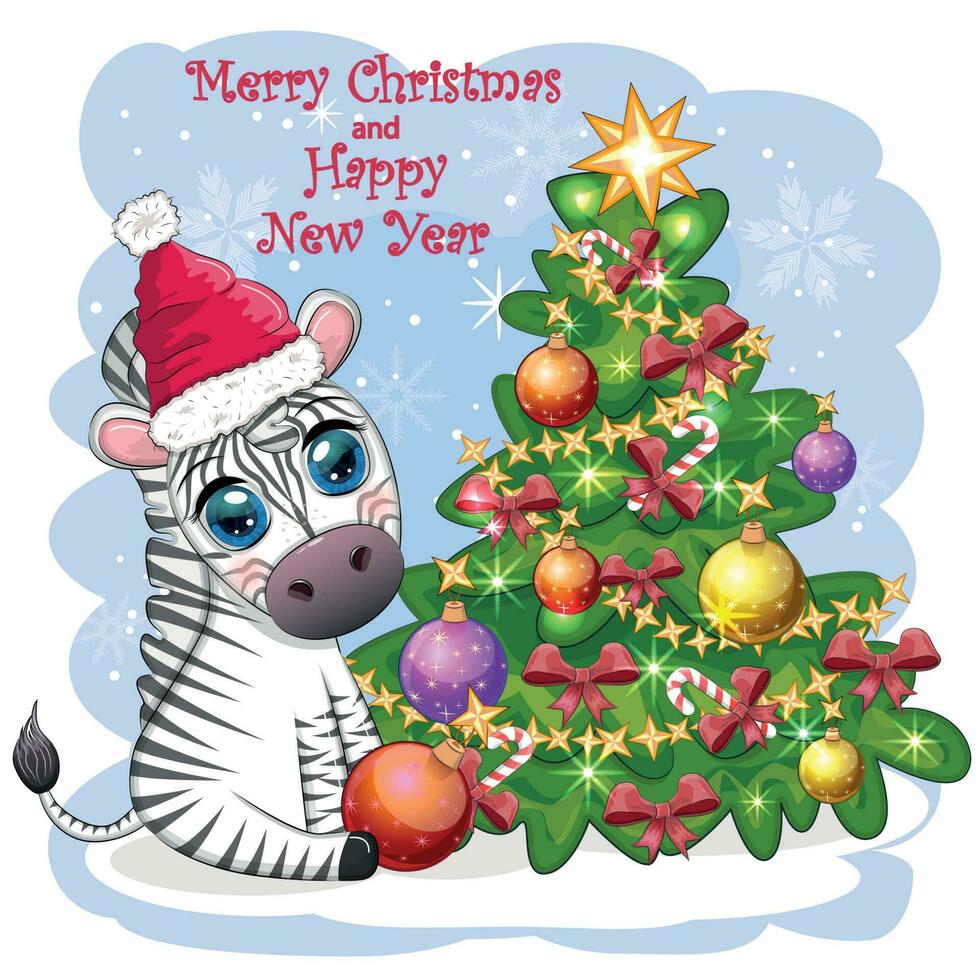joyeux Noël et content Nouveau année salutation carte avec mignonne zèbre dans Père Noël chapeau avec Noël balle, bonbons Kane, cadeau vecteur