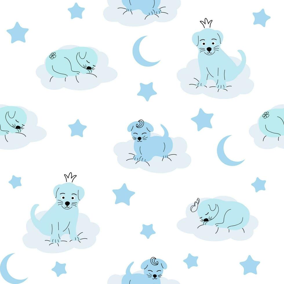 mignonne en train de dormir chiot, des nuages, étoiles, couronne, papillons sans couture modèle. doux couleurs. pour nouveau-nés vecteur