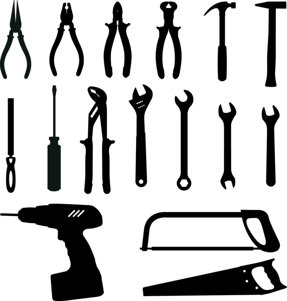 ensemble de différents Charpentier outils silhouette vecteur illustration