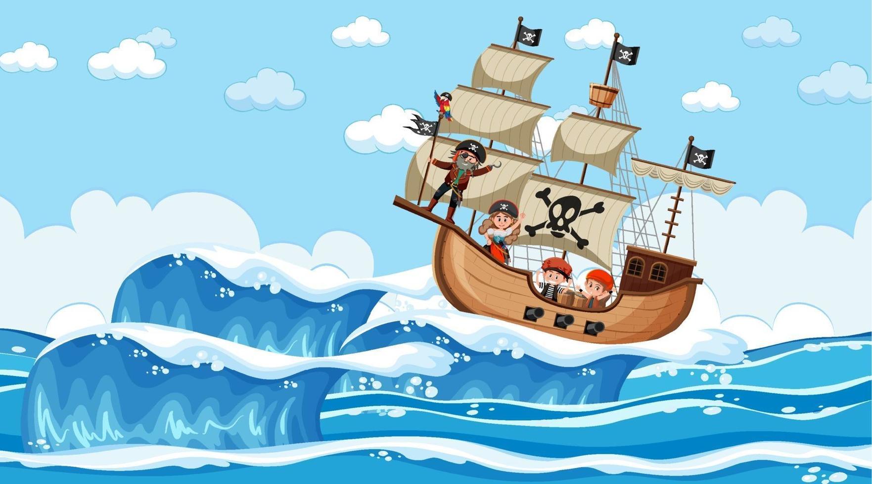 plage avec bateau pirate à la scène de jour en style cartoon vecteur