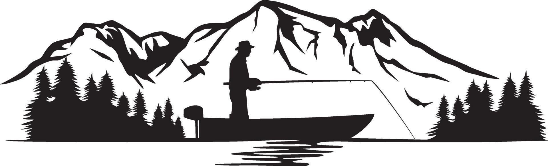 pêcheur dans un bateau et paysage de montagne vecteur