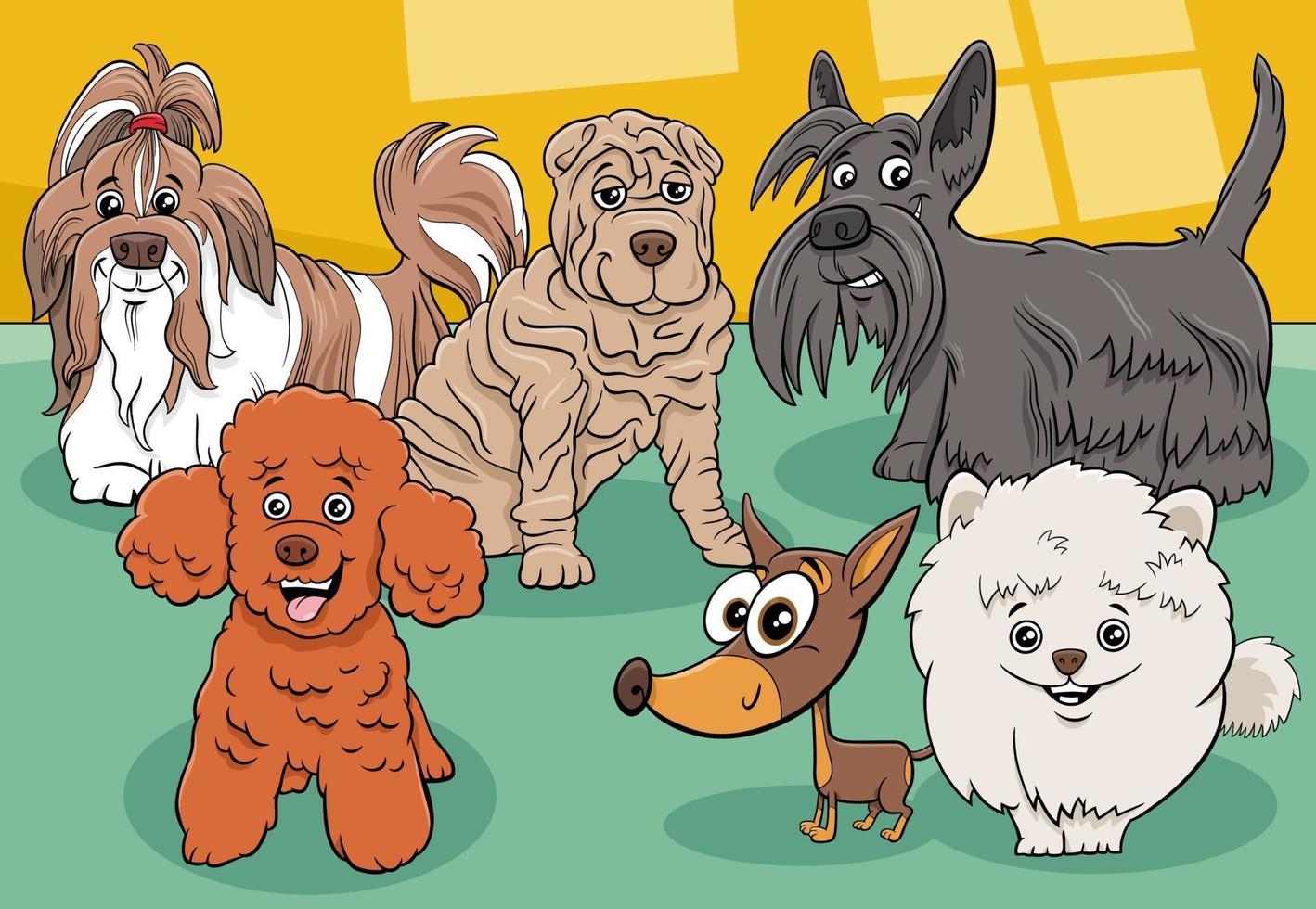 Groupe de personnages de bandes dessinées de chiens et chiots de race pure vecteur