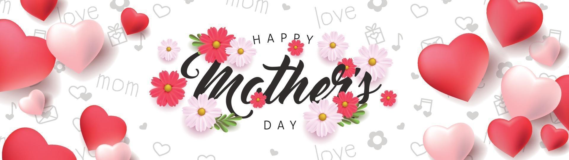 mise en page de fond de bannière de fête des mères avec des ballons en forme de coeur et des fleurs. vecteur