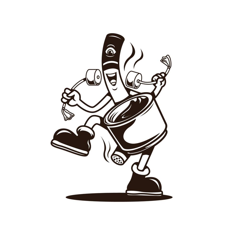 mascotte de personnage de cigarette jouant une tasse de café avec un bâton de tambour. vecteur