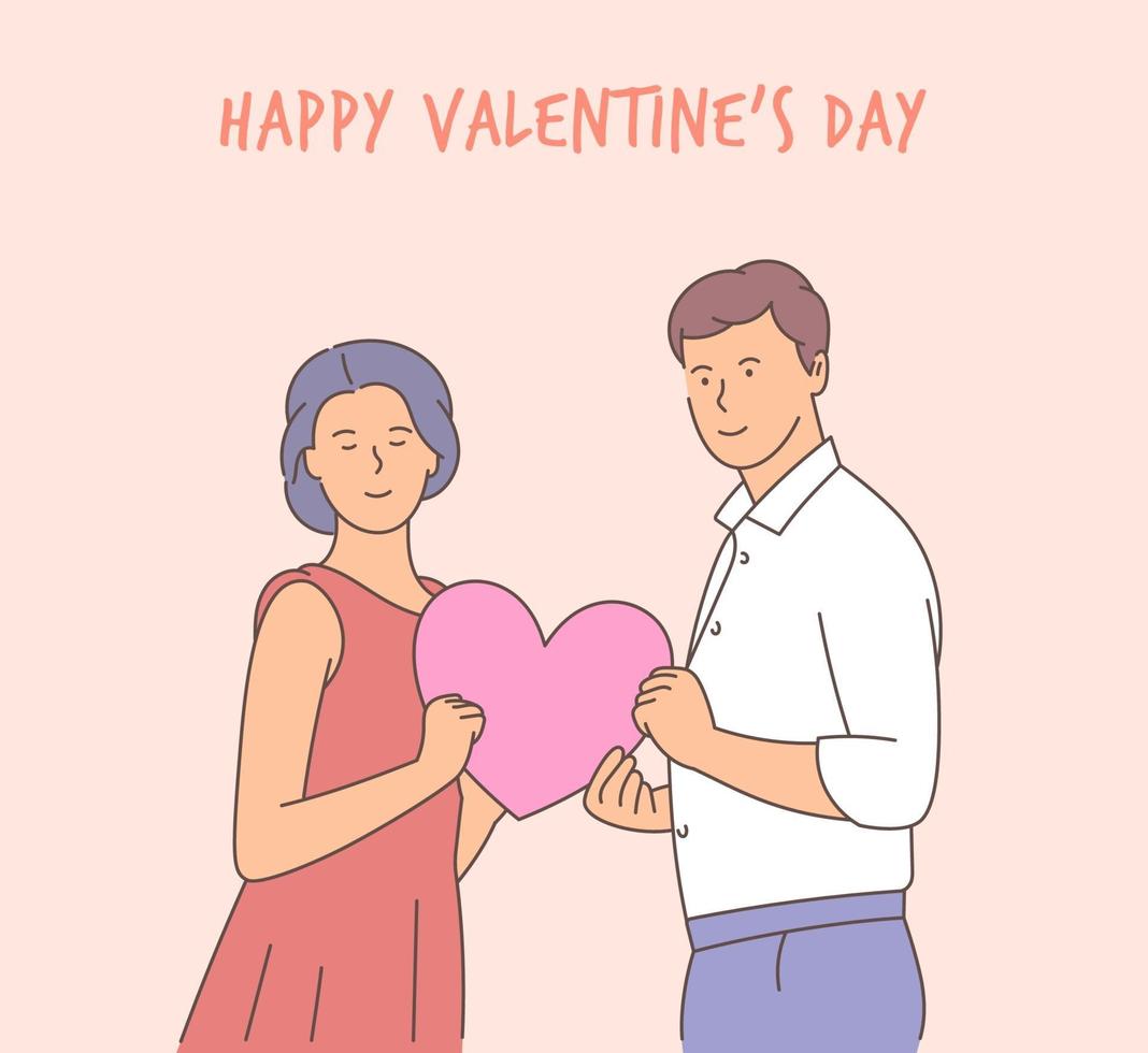 concept de mode de vie sur le thème de la Saint-Valentin. jeune couple heureux d'amoureux tient un coeur rouge. illustration vectorielle romantique sur le thème de l'histoire d'amour. vecteur