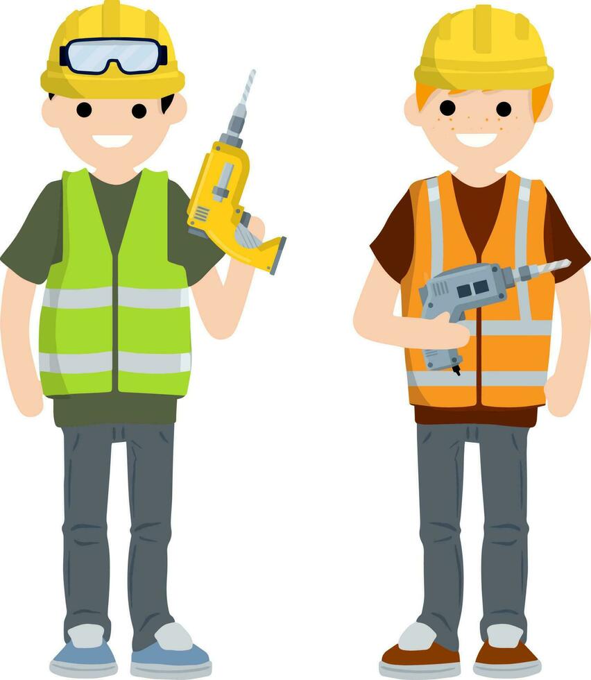 construction travail. Vêtements et outils ouvrier avec Tournevis et percer. Jaune uniforme, gants, vert gilet et casque. dessin animé plat illustration. entretien un service vecteur