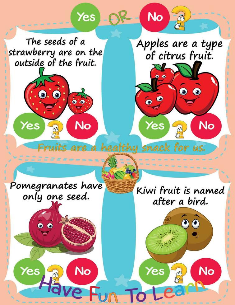 feuille de travail pour logique des gamins tâche et répondre des questions des fruits et en bonne santé nourriture c'est une Oui ou non jeu. apprendre à propos enfants' éducation activités. les enfants apprendre et jouer cerveau Jeux. vecteur