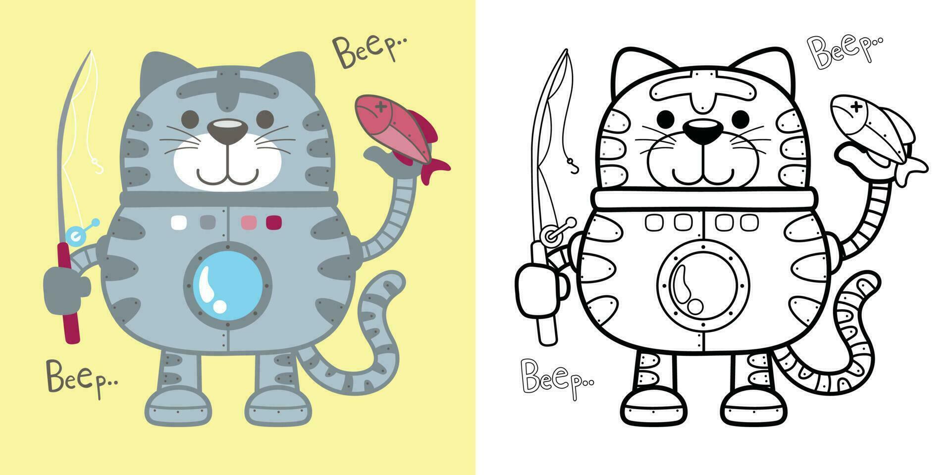 vecteur dessin animé illustration de marrant chat robot permanent en portant pêche tacle et poisson. coloration livre ou page