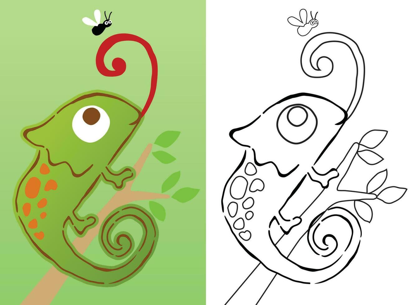 vecteur dessin animé de caméléon sur arbre branches avec une voler, coloration livre ou page