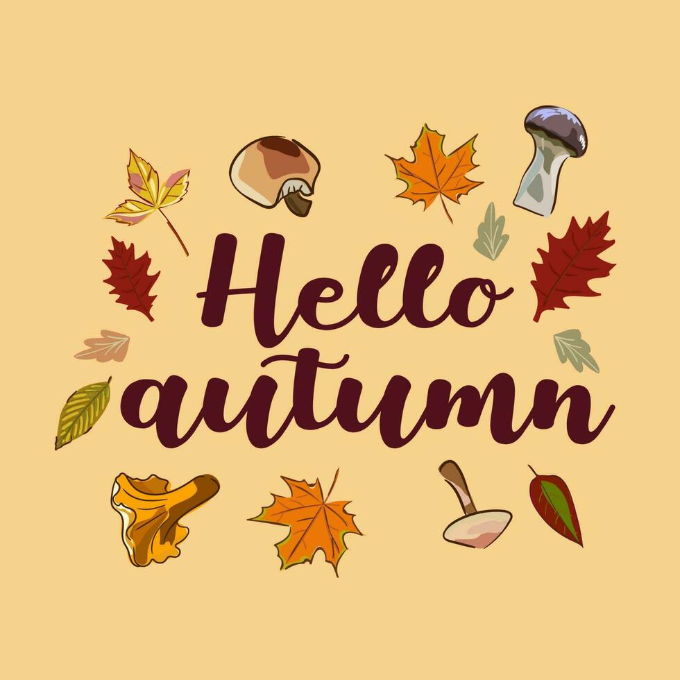 bonjour fond d'automne avec des feuilles d'automne. concept de vecteur automnal nature. illustration saisonnière de feuilles orange et jaune