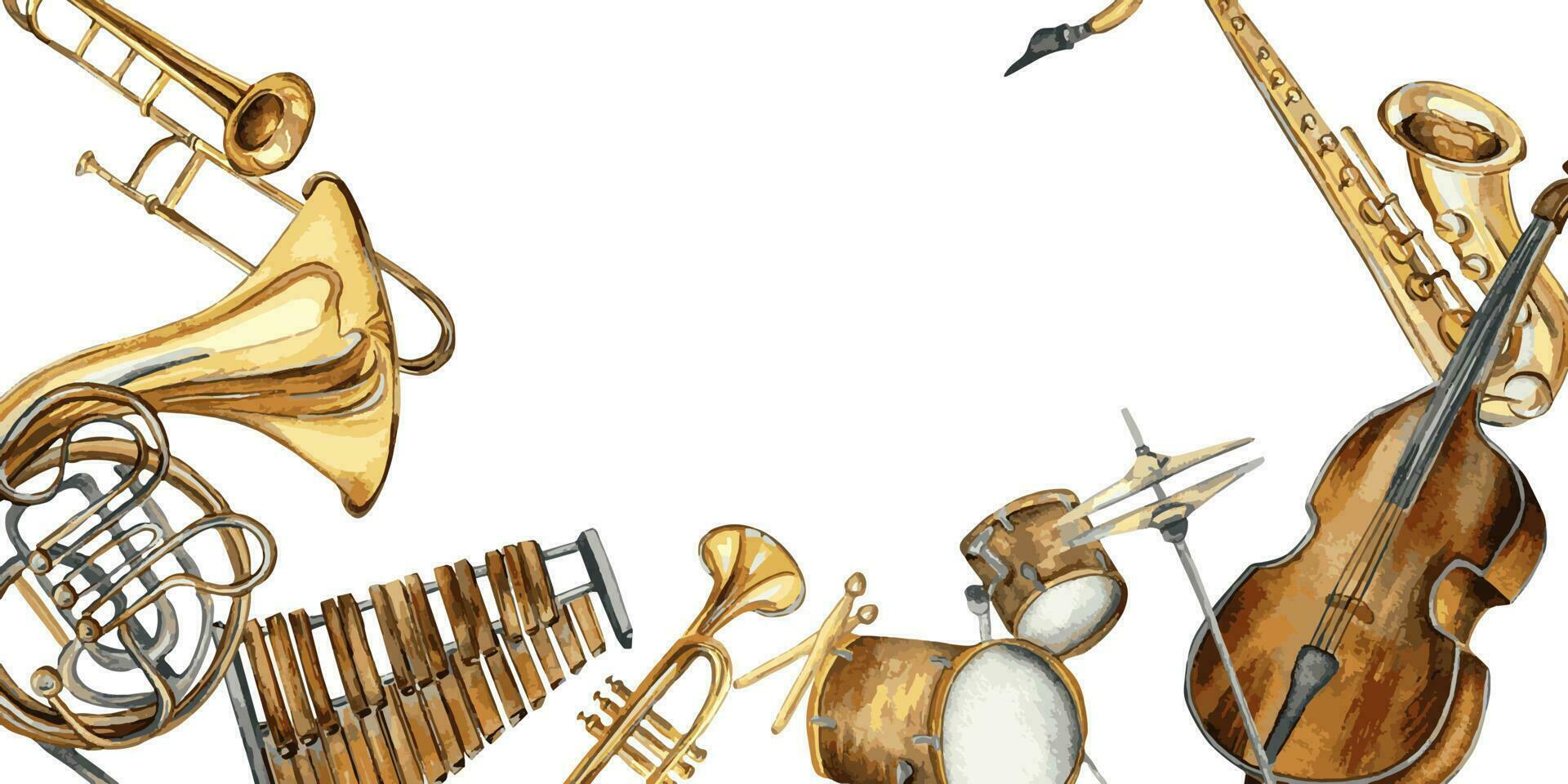 planche de le jazz musical instruments, contrebasse et klaxon aquarelle illustration isolé. vecteur