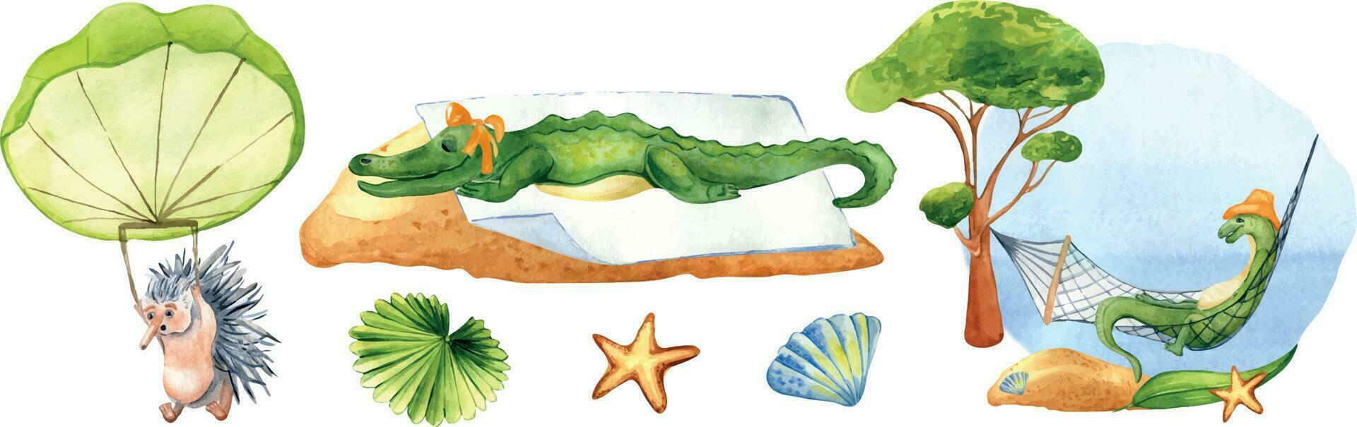 ensemble de dessin animé animaux sur vacances aquarelle illustration isolé sur blanche. lézard, crocodile, échidné, coquillage main dessiné. conception élément pour imprimer, fond d'écran, textile, puéril autocollant, affiche vecteur