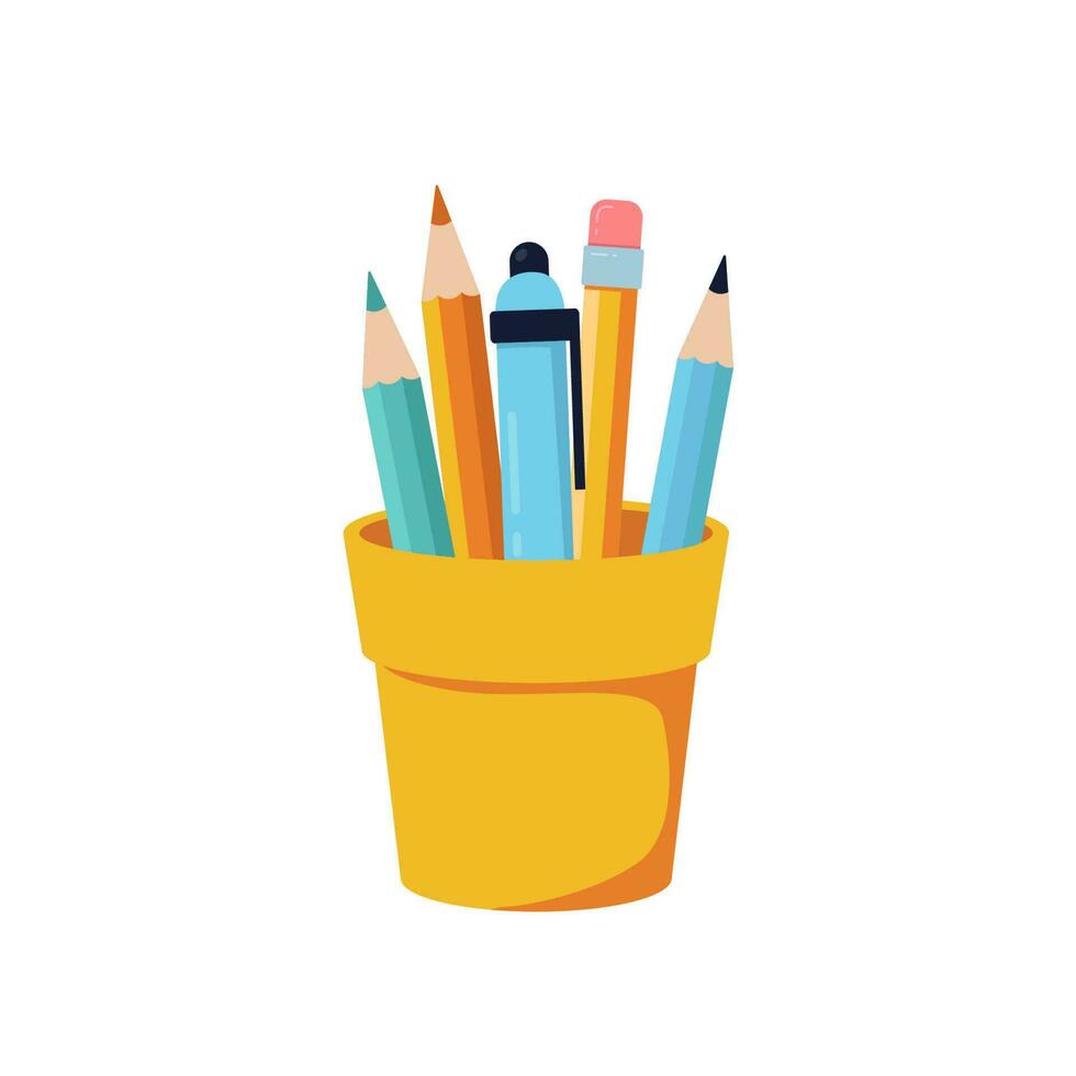 école ou Bureau tasse pour stylo et crayon sur blanc Contexte. dessin animé plat papeterie vecteur illustrations.