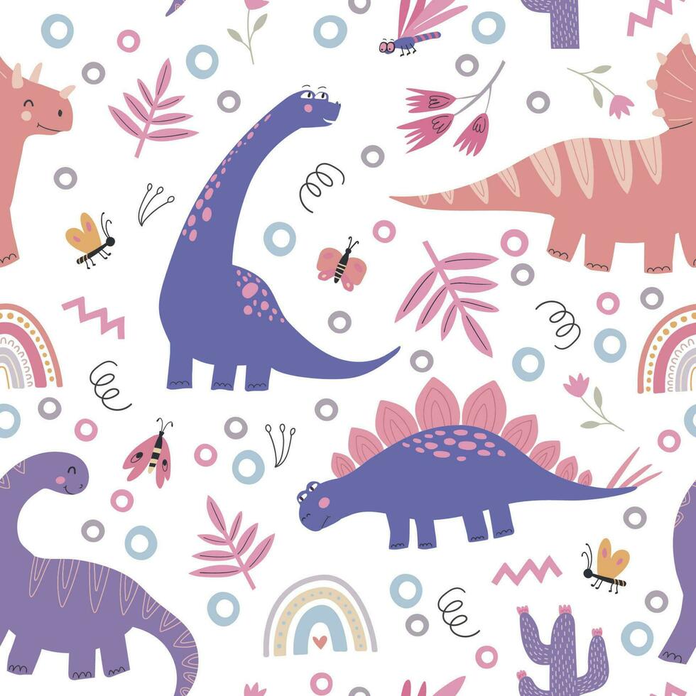 des gamins sans couture modèle de mignonne dinosaures avec tropical feuilles et arc-en-ciel. vecteur illustration. Contexte pour tissu, textile