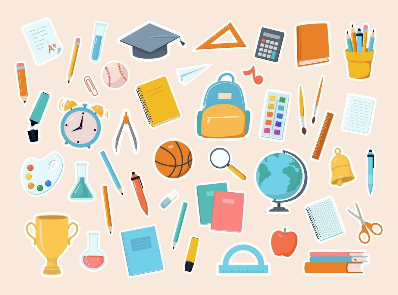 retour à école collection de autocollants avec fournitures, papeterie, livres, globe, chimique ballon, des sports équipement, alarme horloge, dessin, gagnants tasse et cloche. dessin animé plat vecteur illustration.