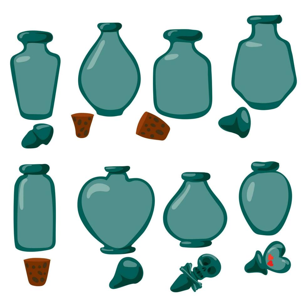 une ensemble de verre pots avec couvercles. vecteur illustration. ancien conception avec une dessiné à la main Couleur esquisser de taches. vide conteneurs avec couvercles, ouvert pots pour liquide. collection de verre