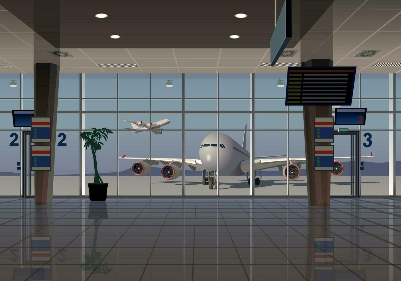 Terminal salle avec grand les fenêtres surplombant le avion. vecteur. vecteur