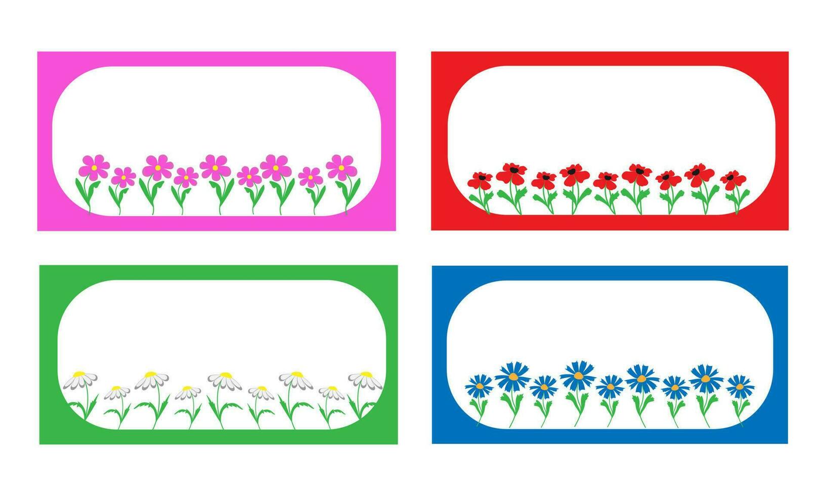 vecteur illustration de une ensemble de rectangulaire coloré cadres avec été Prairie griffonnage stylisé fleurs - bleuets, kosmeya fleurs, coquelicots et camomille, avec une endroit pour texte