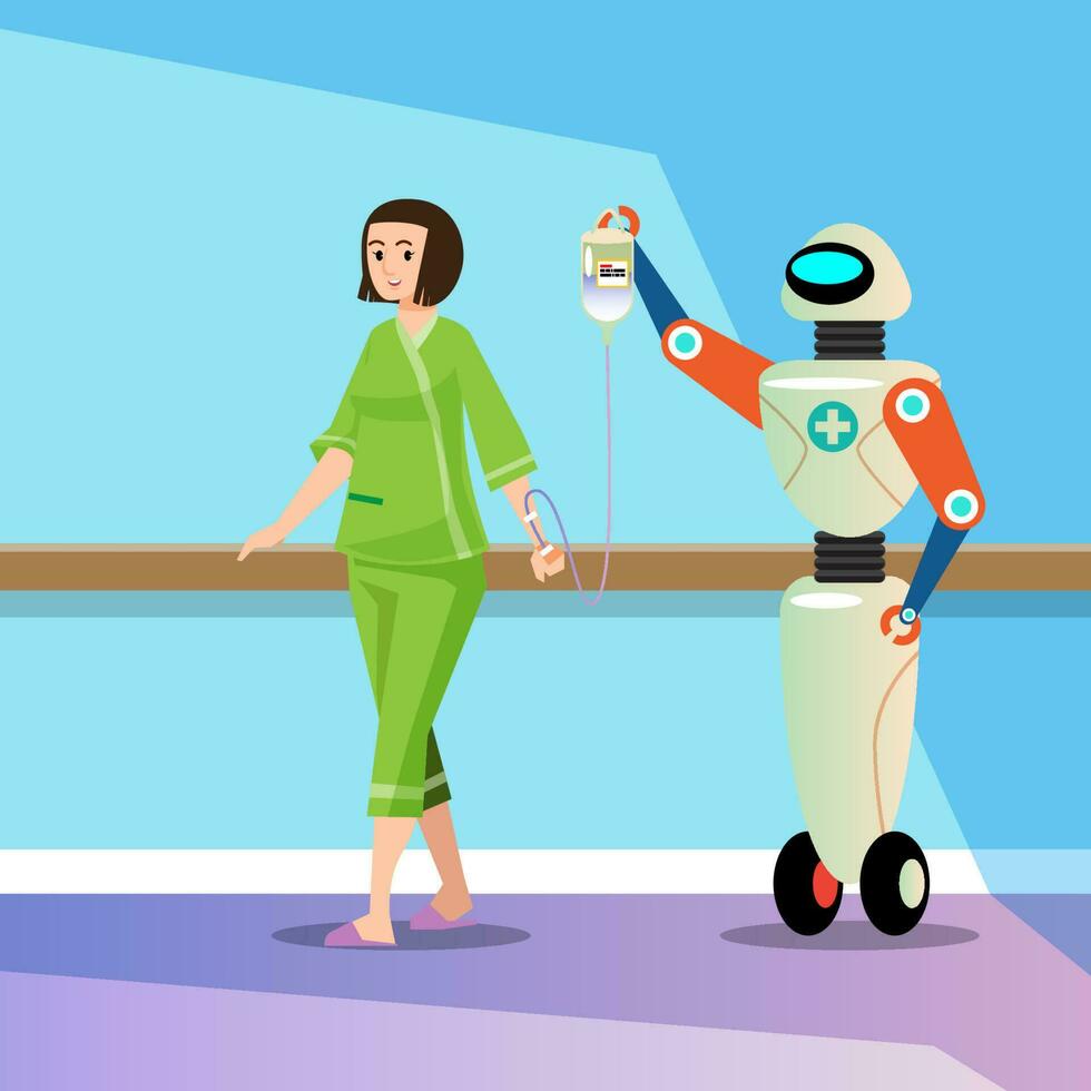 des robots prendre se soucier de général les patients. aider dans en mouvement dans le hôpital. La technologie dans soins pour les patients et le désactivé. vecteur