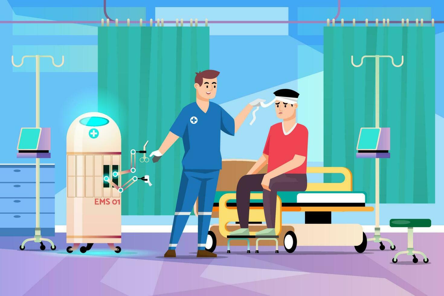 une robot à Aidez-moi médecins et infirmières dans le urgence chambre. préparer des pansements, médicament et médical équipement. vecteur