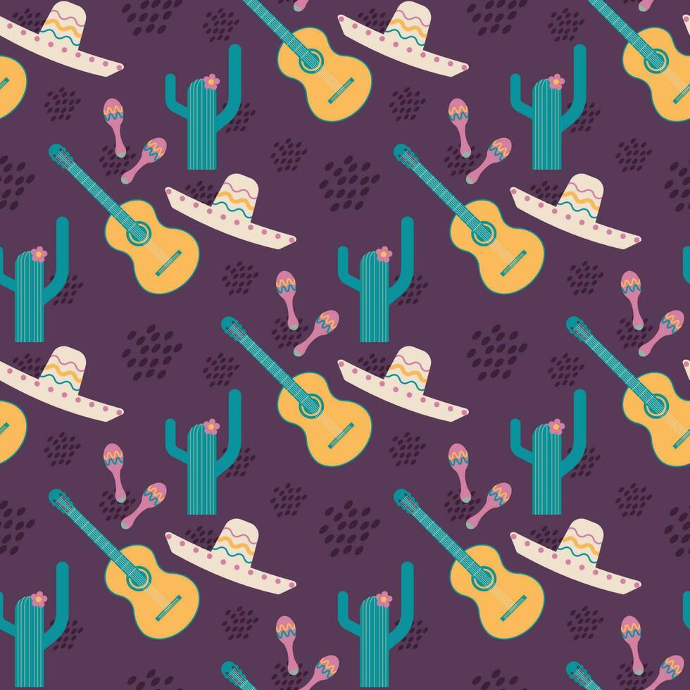 vecteur sans couture viva mexique modèle. mexicain culturel Contexte avec sombrero, cactus, guitare et maracas.