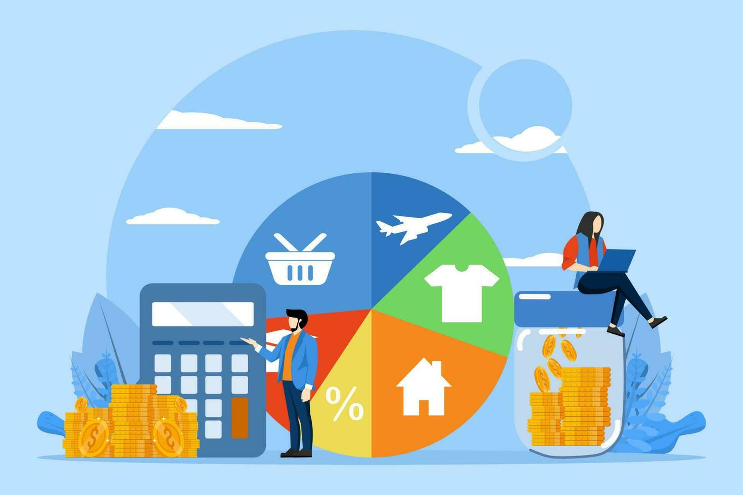 budget Planification concept. gens analyser personnel ou entreprise budget. financier comptabilité et calcul de financier le revenu et dépenses. une homme permanent près une tarte graphique avec les dépenses indication vecteur