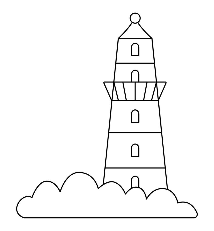 vecteur noir et blanc phare icône. contour lumière maison illustration isolé sur blanc Contexte. mer balise ligne image ou coloration page