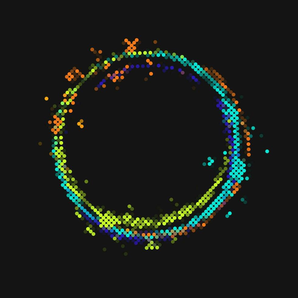 rond Cadre dans pixel style avec petit cercles. géométrique forme avec copie espace dans fluorescent néon brillant couleurs. virtuel abstrait conception élément vecteur