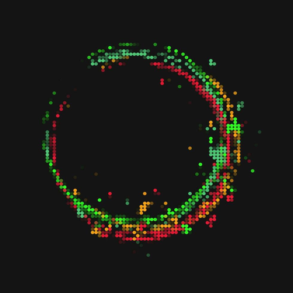 rond Cadre dans pixel style avec petit cercles. géométrique forme avec copie espace dans fluorescent néon brillant couleurs. virtuel abstrait conception élément vecteur