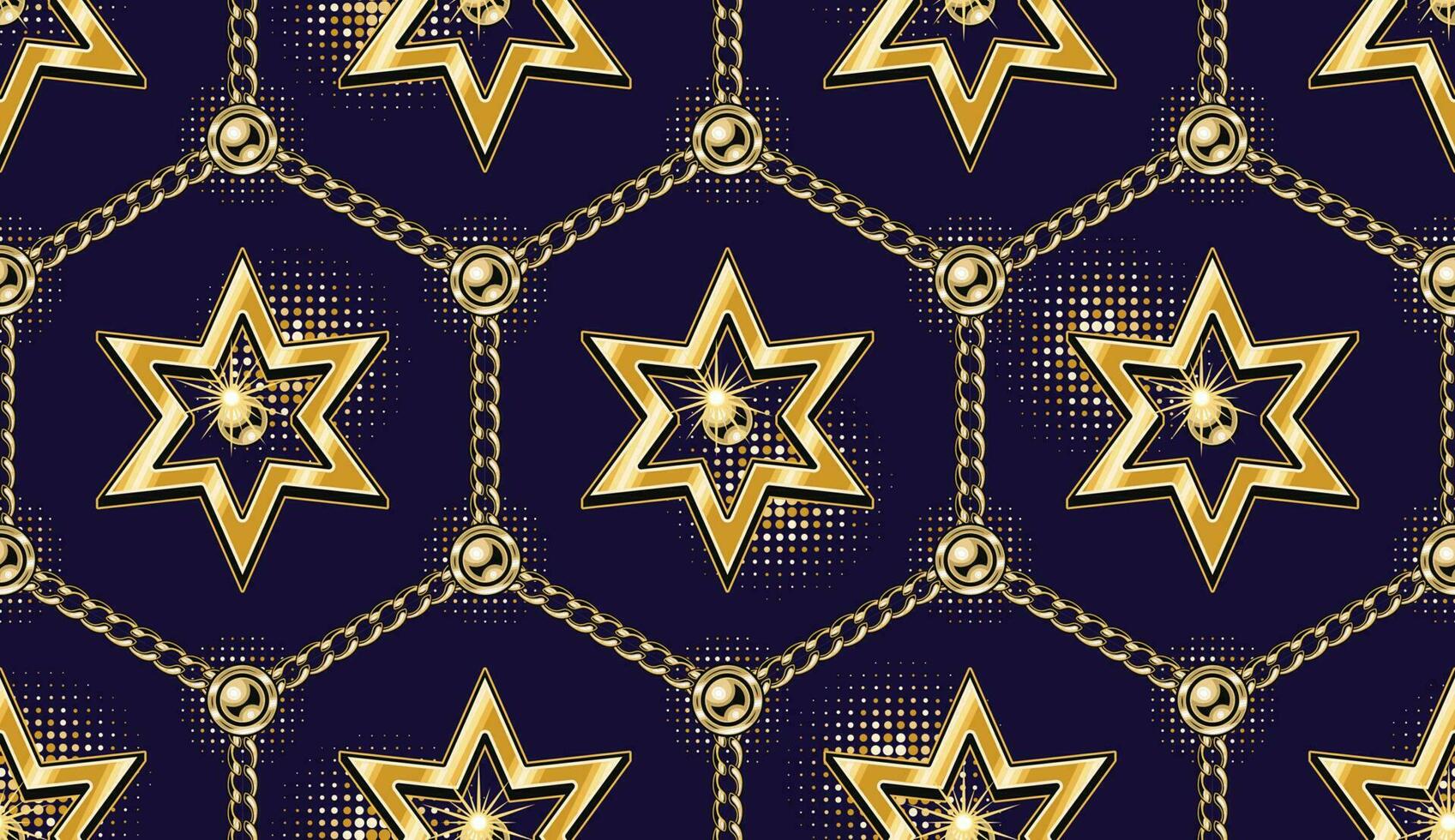 sans couture géométrique modèle avec hexagonal la grille avec d'or Chaînes, brillant étoiles, demi-teinte formes sur foncé bleu Contexte. vecteur illustration dans ancien style.